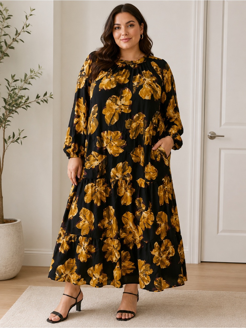A New Day XXL Dark Green & Mustard Floral Long Sleeve Midi Dress